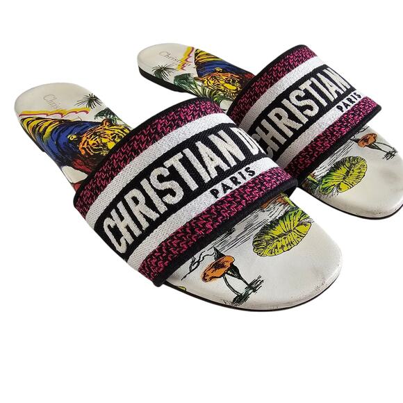 Christian Dior Dway Slide Flat Sandal Size 39 US 9 Pink White Leather Tiger - Picture 4 of 15